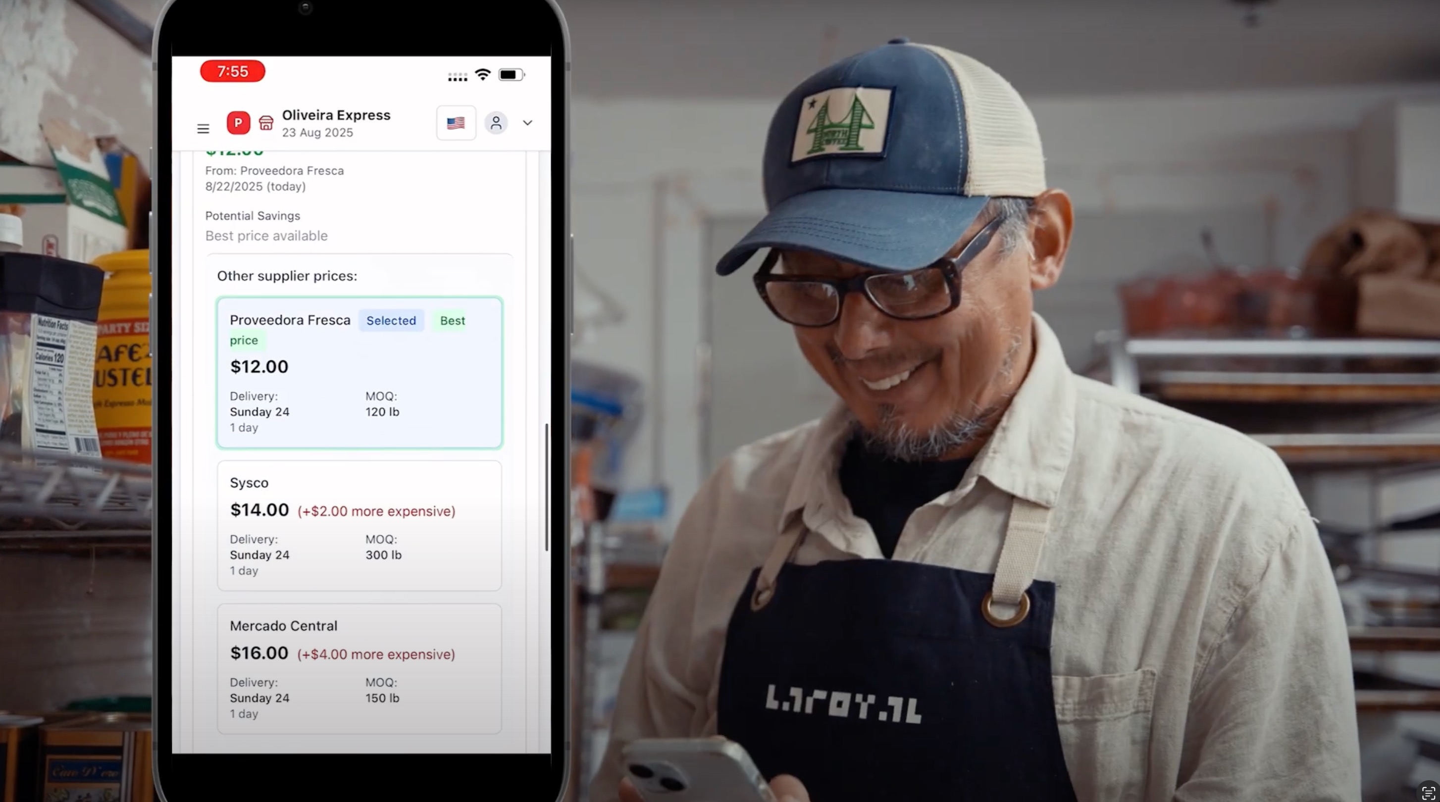Restaurant owner using Pancho app for supplier price comparisons
